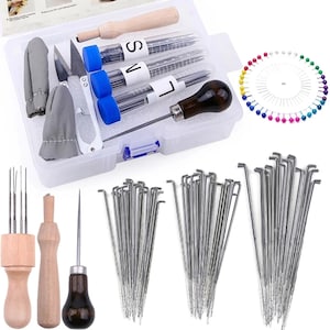 Nadelfilz-Kit, Wollfilzzubehör, Nadelfilzwerkzeug mit 70 Stück, Filznadeln, Schaumstoffmatte, Holzgriff