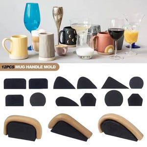 May include: 12 pieces of black mug handle molds in various shapes, including round, oval, and curved. The molds are made of a soft, flexible material and are designed to be used with clay or other crafting materials. The molds are shown on a white surface.