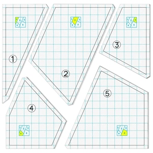 Può includere: Un set di sei blocchi per quilt, ognuno con una forma diversa e numerato da 1 a 6. I blocchi sono realizzati in tessuto bianco con un motivo a griglia blu e contorni neri. Ogni blocco ha un piccolo quadrato al centro con un motivo a griglia giallo e blu.