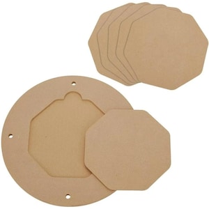 May include: A set of six unfinished wooden octagon shapes, perfect for crafting projects. The set includes a larger round base with a cutout in the shape of an octagon.