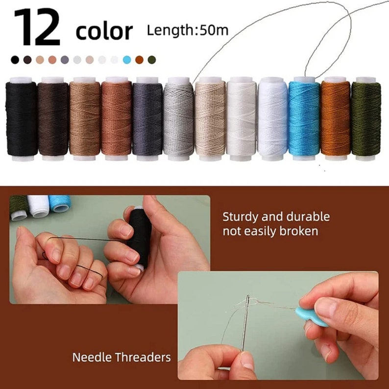 May include: A set of 12 spools of thread, each 50 metres long. The spools are arranged in a row and are in various colours, including black, brown, beige, grey, white, blue, orange, and green. The text "12 color Length: 50m" is visible above the spools. The image also shows a close-up of a hand threading a needle with a needle threader.