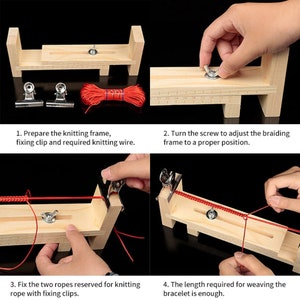 Op de afbeelding: Een houten armband-maakset met rood touw, twee metalen clips en een houten frame met een schroef om de lengte aan te passen. De instructies zijn: 1. Bereid het brei-frame, de bevestigingsclip en het benodigde breigaren voor. 2. Draai de schroef om het vlechtframe in de juiste positie te brengen. 3. Bevestig de twee touwen die gereserveerd zijn voor het breien van het touw met bevestigingsclips. 4. De lengte die nodig is om de armband te weven is voldoende.