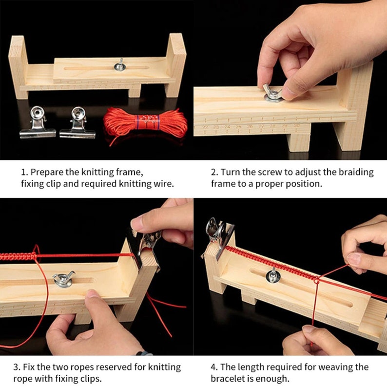 Op de afbeelding: Een houten armband-maakset met rood touw, twee metalen clips en een houten frame met een schroef om de lengte aan te passen. De instructies zijn: 1. Bereid het brei-frame, de bevestigingsclip en het benodigde breigaren voor. 2. Draai de schroef om het vlechtframe in de juiste positie te brengen. 3. Bevestig de twee touwen die gereserveerd zijn voor het breien van het touw met bevestigingsclips. 4. De lengte die nodig is om de armband te weven is voldoende.