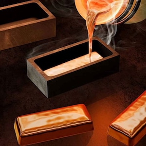 Peut inclure: De l'or en fusion est versé dans un moule en bois. L'or est d'une couleur orange vif et coule en douceur dans le moule. Il y a deux barres d'or solides au premier plan.
