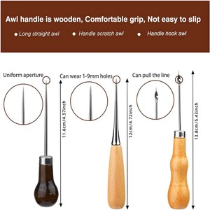 May include: Set of three leather awls with wooden handles. The awls are labelled "Long straight awl", "Handle scratch awl", and "Handle hook awl". The awls are 11.6 cm, 12 cm, and 13.8 cm long.