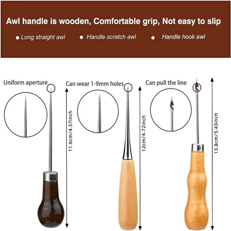 May include: Set of three leather awls with wooden handles. The awls are labelled "Long straight awl", "Handle scratch awl", and "Handle hook awl". The awls are 11.6 cm, 12 cm, and 13.8 cm long.