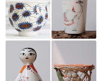 Peut inclure: Un ensemble de quatre objets en céramique : un bol à motif floral bleu et orange, une grande tasse avec un éléphant de dessin animé et le texte « Birthday Girl », une petite poupée avec une robe rouge et orange, et un petit bol avec un motif tissé et une fleur.