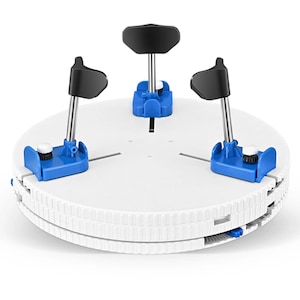 May include: A white rotating turntable with three adjustable arms. Each arm has a black plastic handle and a blue base. The turntable is designed for displaying products or crafts.