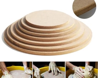 May include: Set of seven round, brown pottery batts of varying sizes, stacked on top of each other. The batts are used to support pottery while it is being shaped on a pottery wheel.