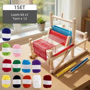 May include: A wooden loom kit with red and white woven fabric, blue and red plastic combs, and a selection of 12 yarn skeins in various colors. The kit includes the text "1 SET" and "Loom kit x1 Yarn x 12".