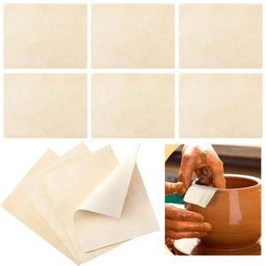 May include: A set of eight beige felt pads for pottery. The pads are square and are shown in a stack of four and individually. A hand is shown using a felt pad to smooth the surface of a clay pot.