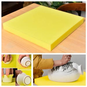 May include: A yellow foam pad for protecting delicate surfaces. The pad is shown being used to protect a ceramic vase while it is being worked on.