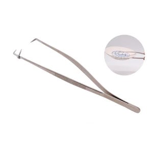 May include: A pair of silver-toned tweezers with a curved tip and a serrated grip. The tweezers are designed for precision work and are ideal for crafts, hobbies, and other tasks.