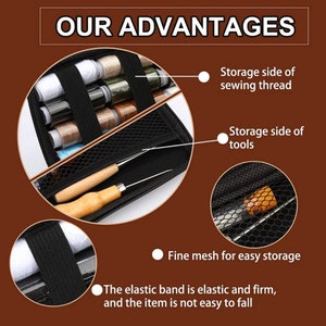 May include: A black zippered case with a mesh compartment for storing sewing tools. The case has two separate sections, one for storing sewing thread and the other for storing tools. The case has an elastic band to keep the items secure.