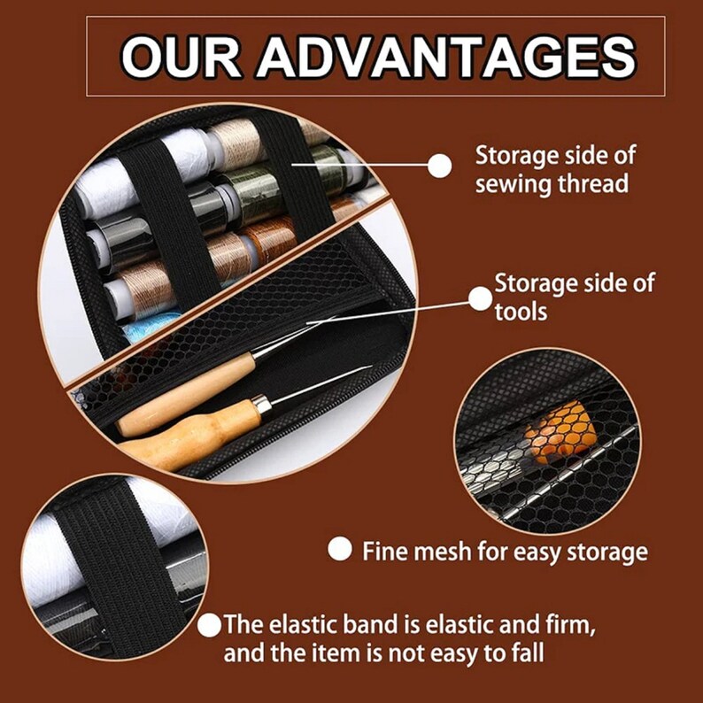 May include: A black zippered case with a mesh compartment for storing sewing tools. The case has two separate sections, one for storing sewing thread and the other for storing tools. The case has an elastic band to keep the items secure.