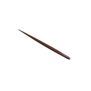 May include: A dark brown wooden chopstick with a slightly rounded end.