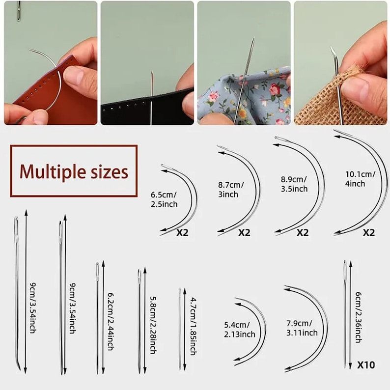 May include: A set of 10 curved needles in various sizes, ranging from 2.5 inches to 4 inches. The needles are made of stainless steel and are ideal for sewing leather, fabric, and other materials. The needles are labelled with their size in both centimetres and inches. The set includes two needles of each size, except for the 6cm/2.36 inch needles, of which there are 10.