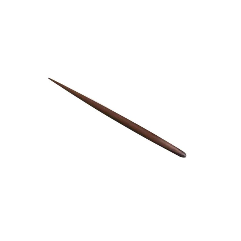 May include: A long, thin, dark brown wooden chopstick.