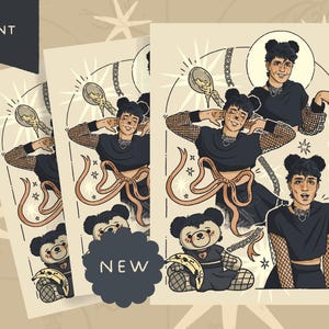 May include: Print featuring a stylized illustration with multiple figures in black tops and fishnet sleeves. The artwork includes a teddy bear with a banana, bows, and the text "FEMBOY BAKING". The print has a "NEW" sticker.