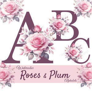 Floral Letter Alphabet Clipart Bundle with Watercolor Pink Roses. Sublimation Letters. Floral Alphabet. Wedding Monogram PNG.