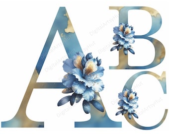 Watercolor Floral Alphabet Letters: Blue & Gold PNG Clipart (Digital Download)