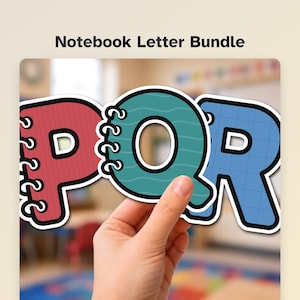 Könnte beinhalten: Ein Notebook Letter Bundle mit den Buchstaben P, Q und R, die wie spiralgebundene Notizbücher gestaltet sind. Der Buchstabe P ist rot mit Linienmuster, Q ist türkis mit Wellenlinien und R ist blau mit Karomuster, alle mit schwarzer Umrandung.