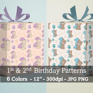 Papel Digital para Ursinho de Pelúcia 1º/2º Aniversário: Padrões de Festa Sem Costura (Download Instantâneo em JPG/PNG)