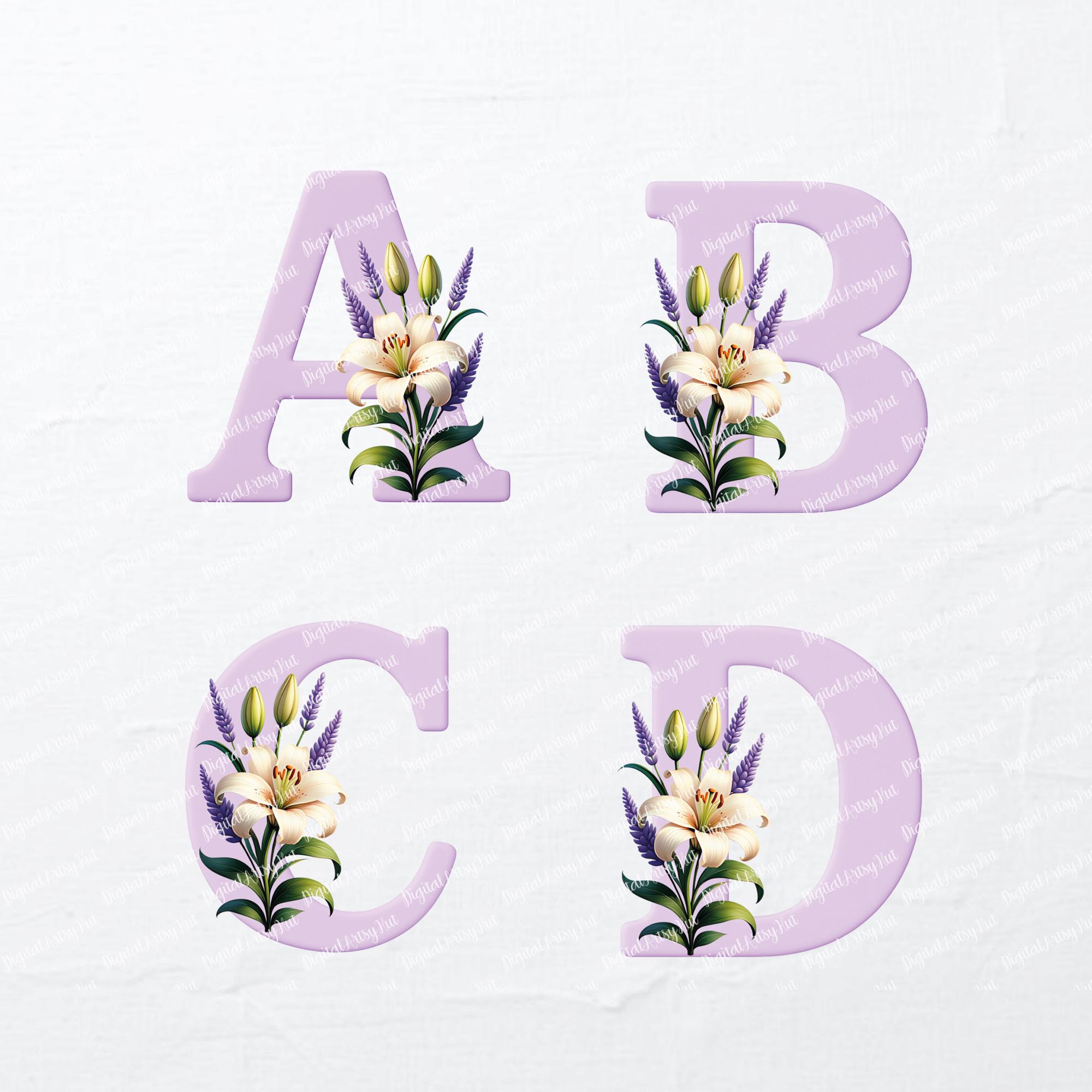 Floral Lily Lavender Alphabet Clipart: Sublimation Letters (PNG Digital ...