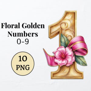 リボン付きの金色の花の数字のクリップアート PNG。印刷可能な数字昇華タイポグラフィ。デジタルゴールド数字。ウェディング クリップアート。10 PNG、0-9