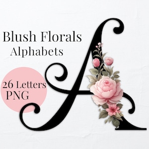 Paquete de imágenes prediseñadas del alfabeto floral ruborizado con flores de acuarela rosa. Letras de sublimación. Monograma de boda PNG. Letras mayúsculas A-Z.