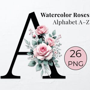 Paquete de imágenes prediseñadas del alfabeto de letras florales con rosas de acuarela rosadas. Letras de sublimación. Monograma de calcomanía PNG. Para carteles de bodas y despedidas de soltera.