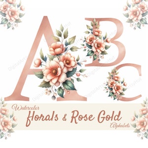 Letras del alfabeto acuarela Paquete de letras florales Letras decorativas. Alfabeto floral PNG. Imágenes Prediseñadas del alfabeto PNG. Monograma de boda PNG