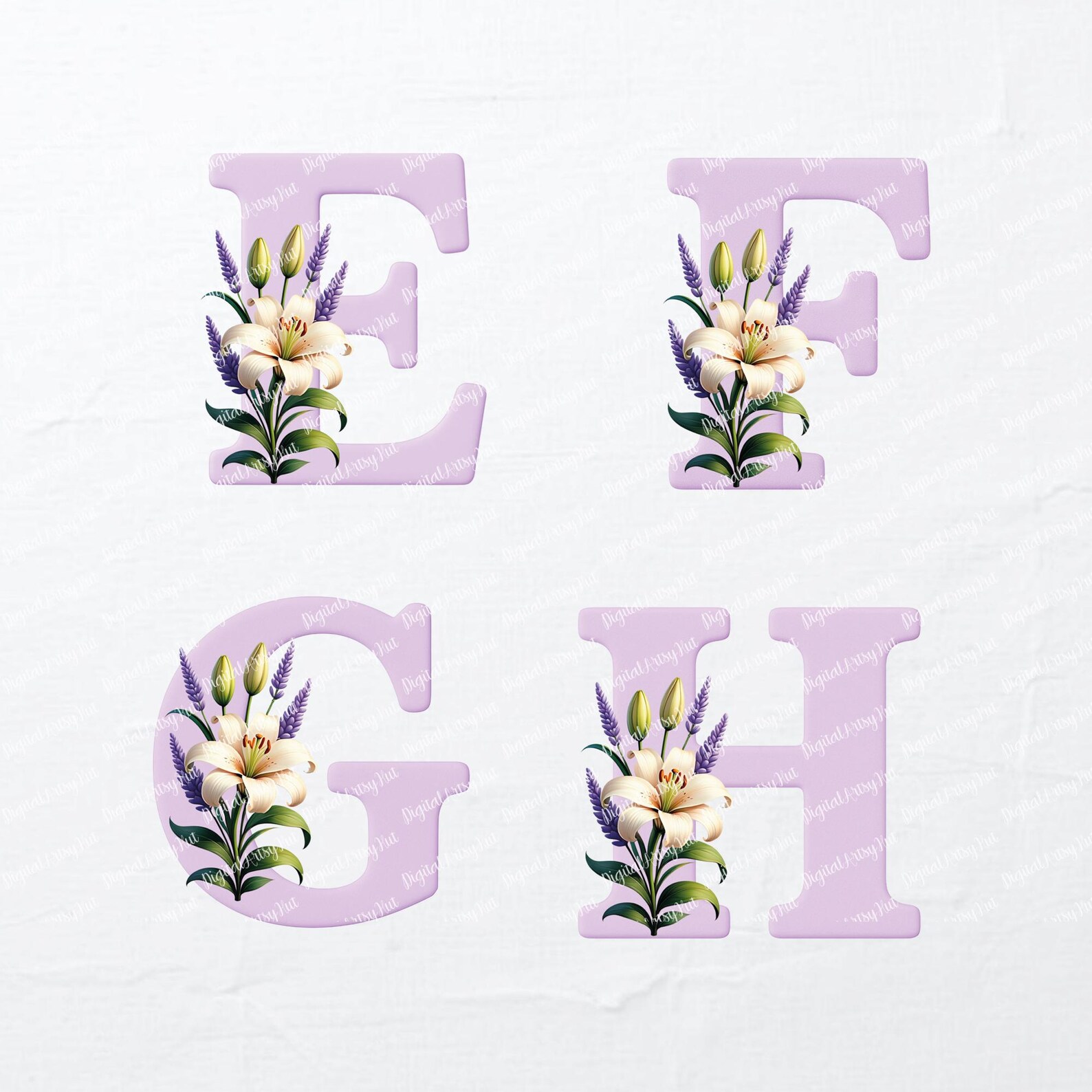 Floral Lily Lavender Alphabet Clipart: Sublimation Letters (PNG Digital ...