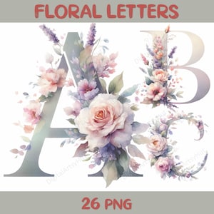 Alfabeto floral en acuarela: letras mayúsculas de la A a la Z, descarga digital: letras florales pintadas a mano para bodas, invitaciones y álbumes de recortes