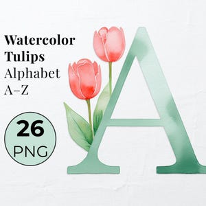 Letras decorativas florales de color verde salvia con alfabeto de acuarela. Alfabeto de sublimación floral PNG, letras monograma de primavera de Pascua A-Z