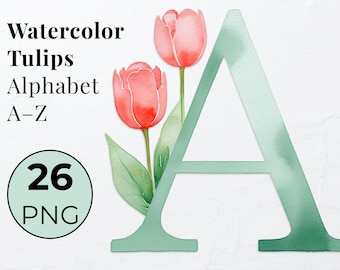 Commercieel gebruik bloemenletters PNG-bundel, aquarel bloem alfabet A-Z, bloemen alfabet clipart voor sublimatie, stickers, kaarten, geschenken