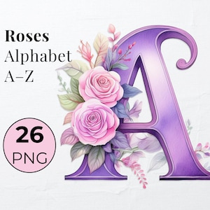 Bundle alphabet lettres aquarelle lettres florales lettres décoratives. Alphabet à sublimation de roses PNG. Alphabet Clipart PNG. Monogramme de mariage