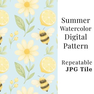 Puede incluir: Un patrón digital con un fondo azul claro, adornado con margaritas amarillas, rodajas de limón y abejorros. El texto a la derecha dice "Summer Watercolor Digital Pattern Repeatable JPG Tile."