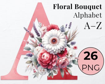 Watercolor Floral Alphabet Letters: PNG Clipart Bundle (Digital Download