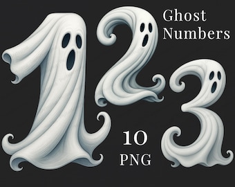 May include: White ghost-shaped numbers 1, 2, and 3 with black eye and mouth cutouts. The numbers are draped in a flowing fabric, with the text "Ghost Numbers" and "10 PNG" on a black background.