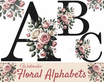 Clipart de alfabeto floral en acuarela: Letras de rosas rosas (Descarga digital)