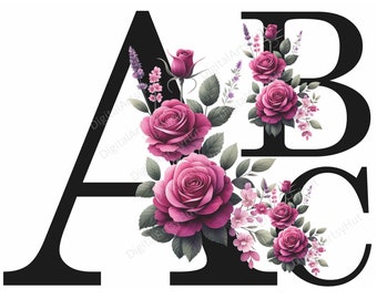 Alfabeto floral PNG Clipart: Rosas de acuarela rosadas (Descarga digital)