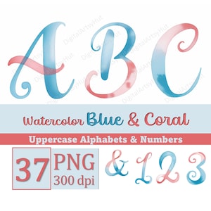 Aquarell Alphabete Clipart Buchstaben & Zahlen. Hochzeitsmonogramme, Zahlen PNG. Printable Alphabets Zahlen Sublimationstypografie. 37 PNG.