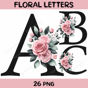 Pacchetto clipart alfabeto lettera floreale con rose rosa acquerello. Lettere di sublimazione. Alfabeto floreale. Monogramma di matrimonio PNG.