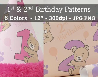 Teddy Bear 1st/2nd Birthday Digital Paper: Seamless Party Patterns (JPG/PNG Instant Download)