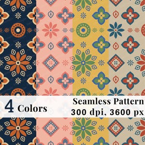 May include: A seamless pattern design with four colour variations. The pattern includes floral and geometric shapes in navy, coral, gold, and beige. The image also includes the text "4 Colors" and "Seamless Pattern 300 dpi, 3600 px".