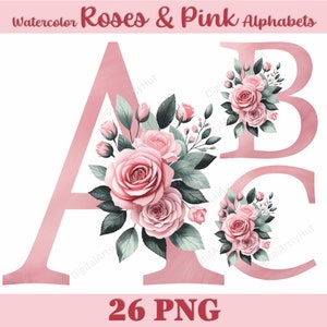 Ensemble PNG d'alphabet floral. Lettres décoratives florales roses aquarelles. Alphabets de sublimation. Clipart alphabet. Monogramme de mariage.