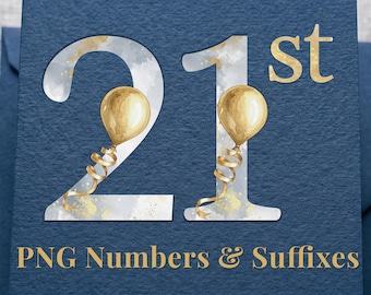 Può includere: Un cartoncino blu scuro testurizzato con i grandi numeri bianchi 21 con effetto marmo acquerello e illustrazioni di palloncini dorati su ogni cifra. Il testo 21st e PNG Numbers & Suffixes è stampato in oro sulla superficie.