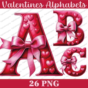 Alfabetos de acuarela para San Valentín. Letras PNG de corazón para San Valentín. Clipart de San Valentín. Alfabetos PNG de corazón para sublimación. Letras rojas y rosas.