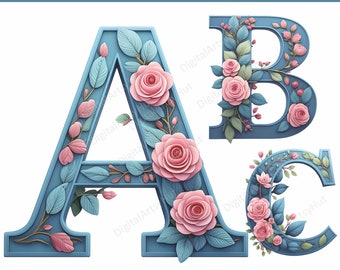 Floral 3D Letters PNG Bundle: Decorative Alphabet Clipart (Digital Download)